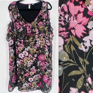 Tacera XL Black Pink Floral Ruffle Shift Dress Sleeveless Wedding Guest Feminine